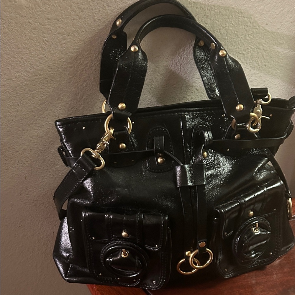 John Elliott Black Patent Shoulder Bag with Gold Hardware Accents